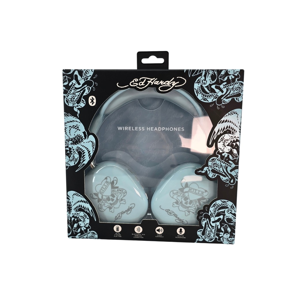 Ed Hardy Wireless Bluetooth Headphones Blue Love Kills Slowly Tattoo Over Ear